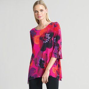 NWT Poppy Print Fuchsia Multi Tunic Top w/Cuff-tie